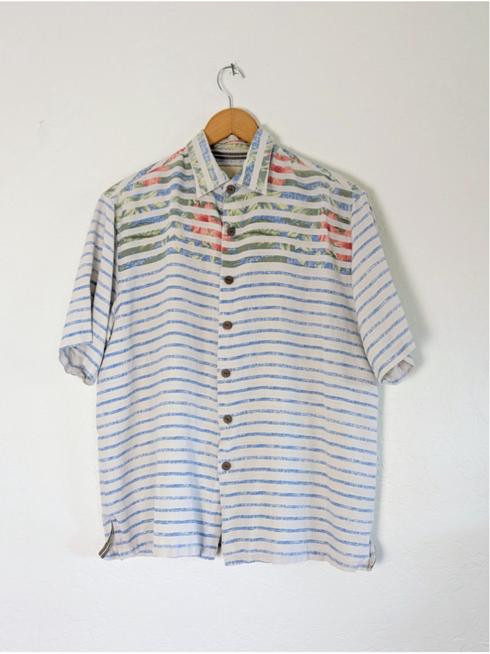 Island Republic 100% Silk Tropical Shirt Striped Palm Resort Button Up Size M